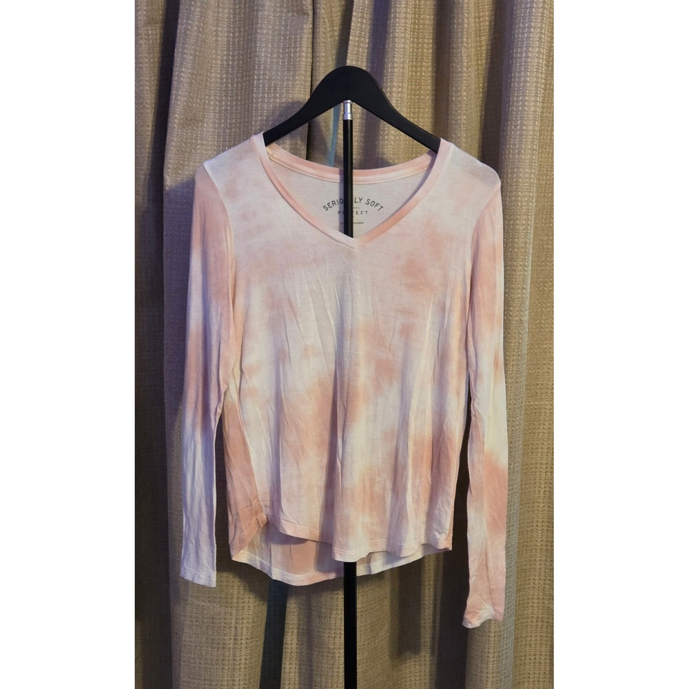Aero Long Sleeve V-Neck Pink White Tie-Dye T-Shirt Women's Small Seriously Soft